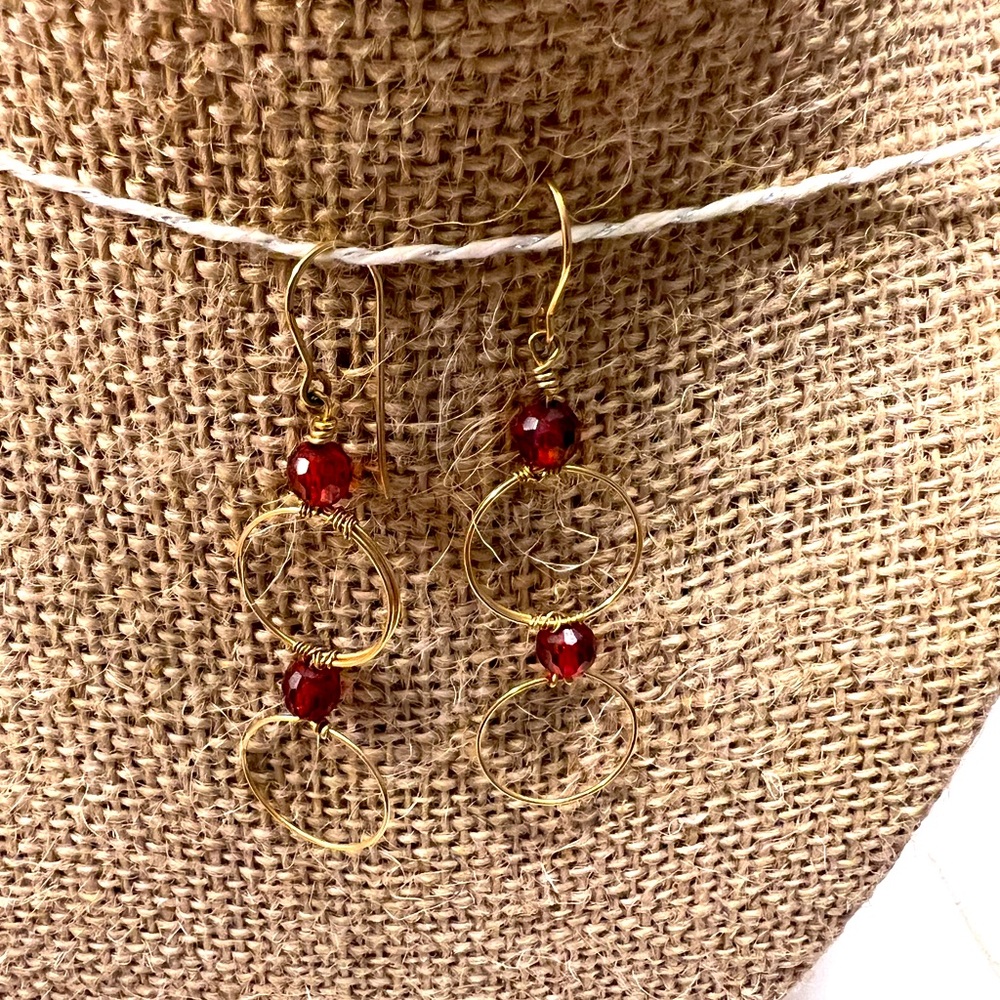 Gold multi hoop with red stones earrings